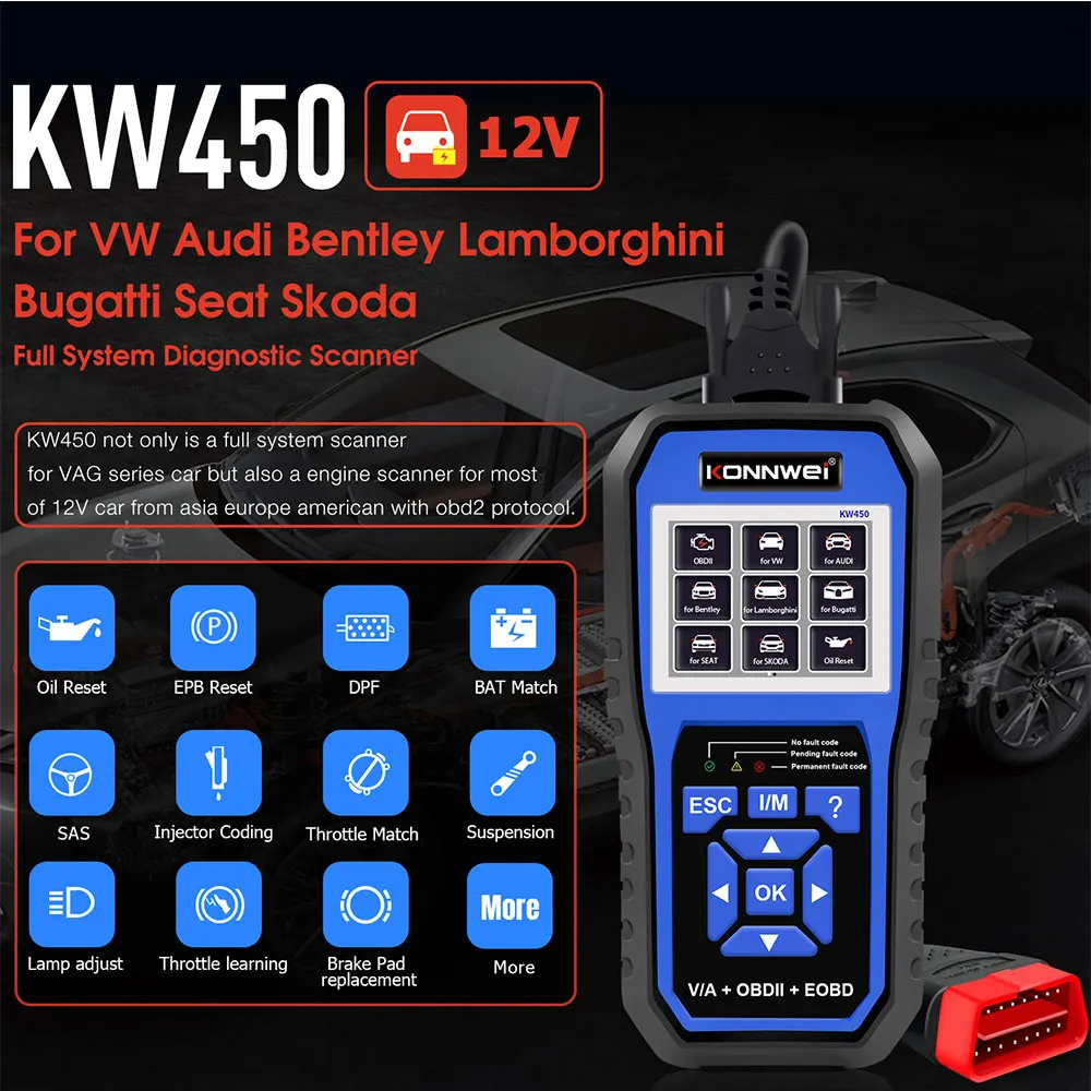 Lecteur de codes OBD2 KW450 20 - Obd2 Scanner Abs Srs Airbag Reset avis et prix